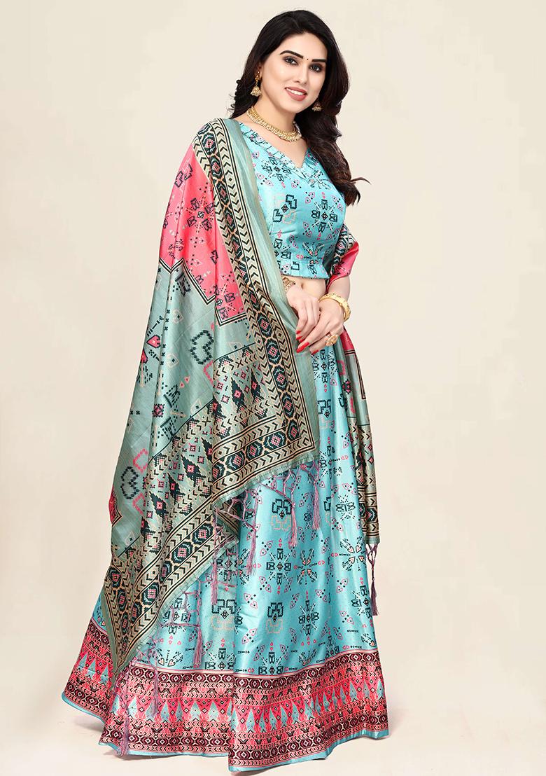 Sky Embroidered Silk Lehenga Set With Dupatta