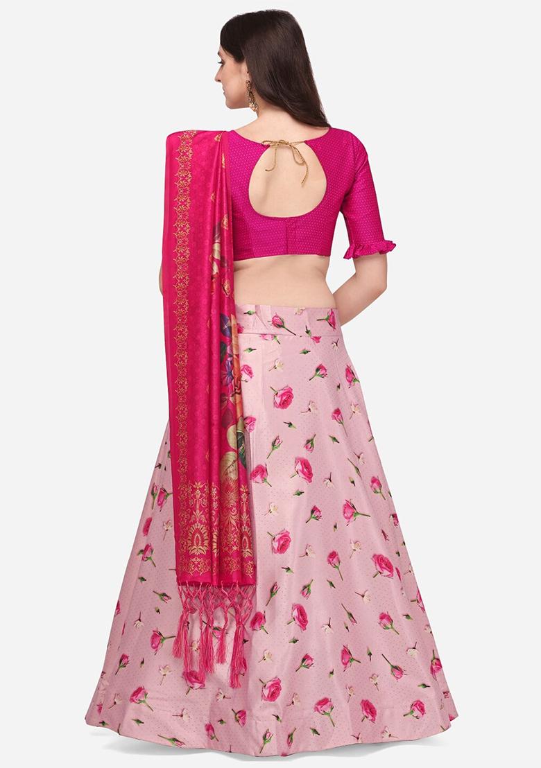 Pink Embroidered Silk Lehenga Set With Dupatta