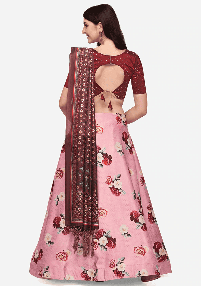 Pink Embroidered Silk Lehenga Set With Dupatta - Indya