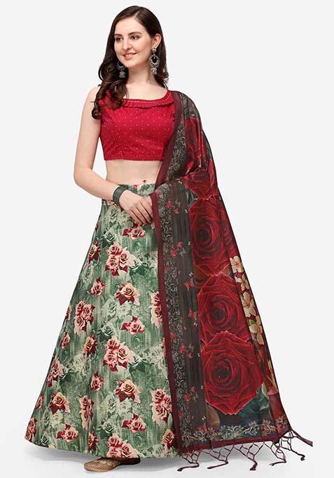 Multi Embroidered Silk Lehenga Set With Dupatta
