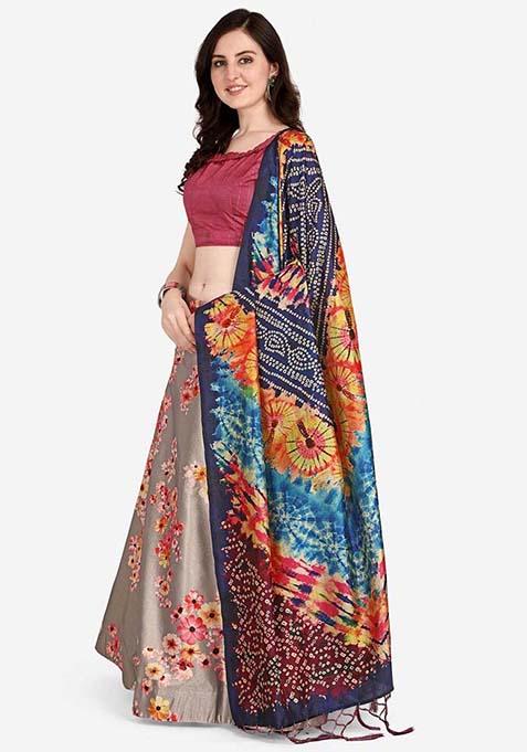 Multi Embroidered Silk Lehenga Set With Dupatta
