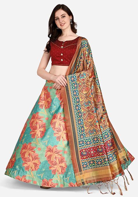 Multi Embroidered Silk Lehenga Set With Dupatta
