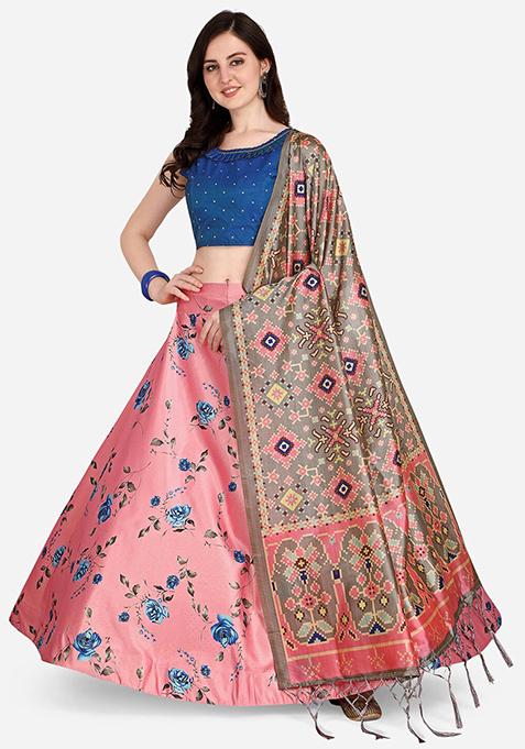 Pink Embroidered Silk Lehenga Set With Dupatta