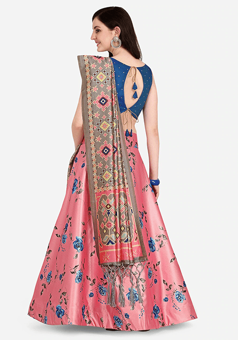 Pink Embroidered Silk Lehenga Set With Dupatta