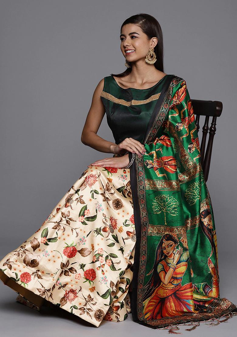 Cream Embroidered Silk Lehenga Set With Dupatta