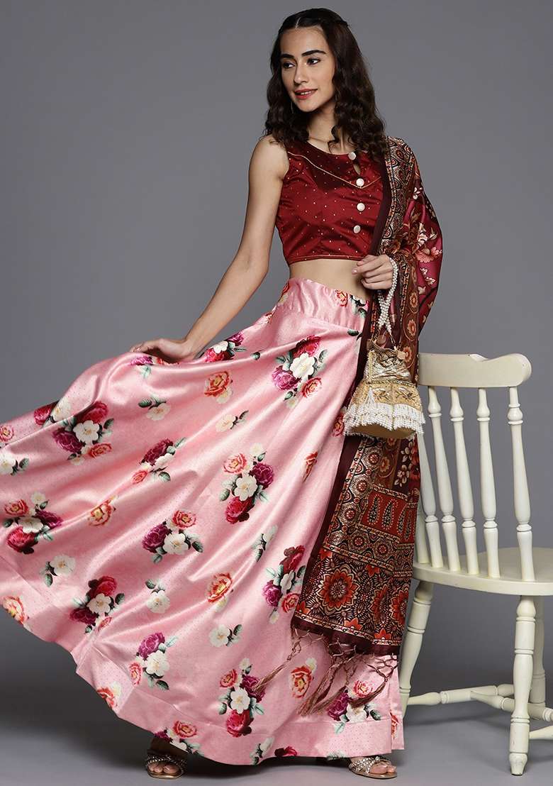 Pink Embroidered Silk Lehenga Set With Dupatta - Indya