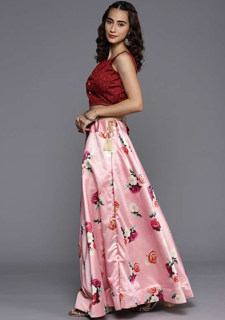 Pink Embroidered Silk Lehenga Set With Dupatta - Indya