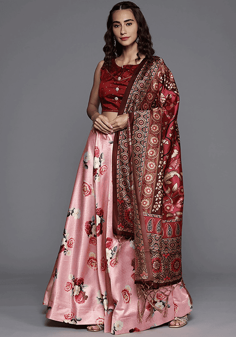 Pink Embroidered Silk Lehenga Set With Dupatta