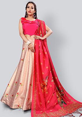 Pink Embroidered Silk Lehenga Set With Dupatta