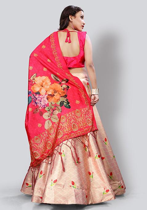 Pink Embroidered Silk Lehenga Set With Dupatta