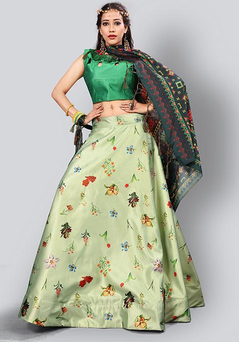 Pista Embroidered Silk Lehenga Set With Dupatta