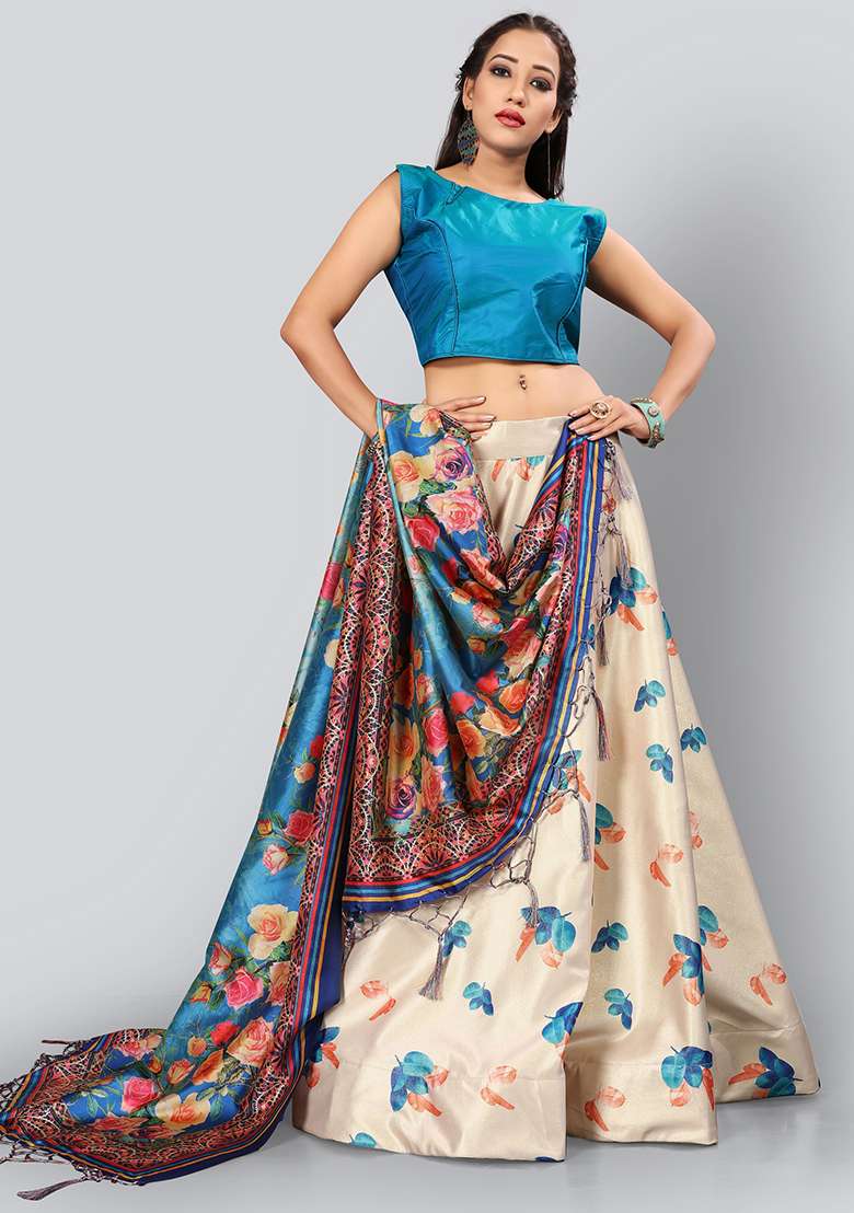 Cream Embroidered Silk Lehenga Set With Dupatta - Indya