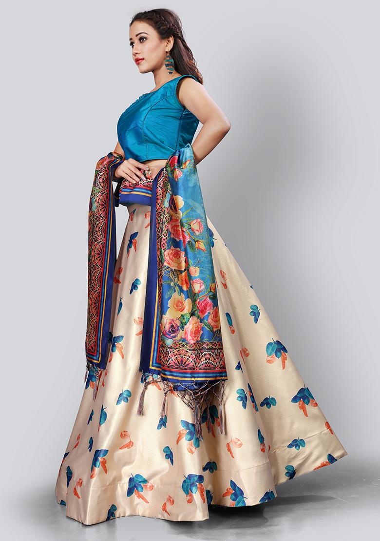 Cream Embroidered Silk Lehenga Set With Dupatta