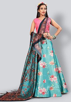 Aqua Embroidered Silk Lehenga Set With Dupatta