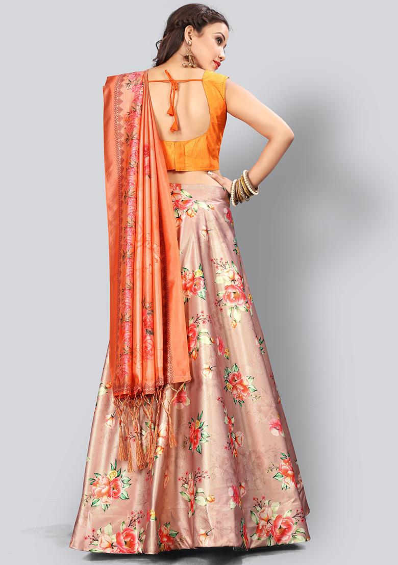 Copper Embroidered Silk Lehenga Set With Dupatta