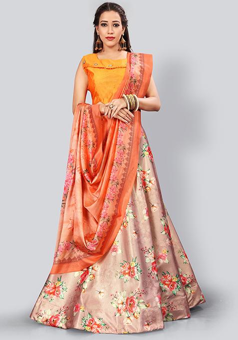 Copper Embroidered Silk Lehenga Set With Dupatta