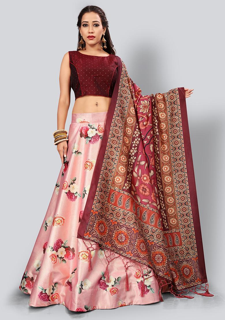 Pink Embroidered Silk Lehenga Set With Dupatta