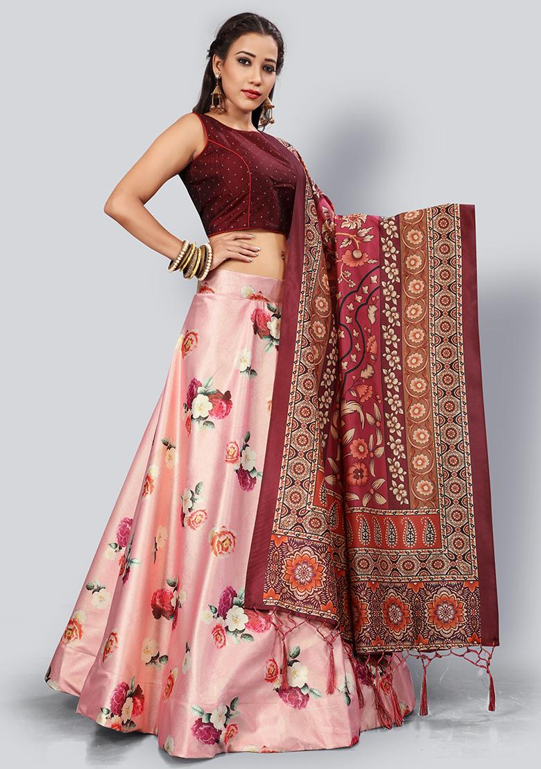 Pink Embroidered Silk Lehenga Set With Dupatta