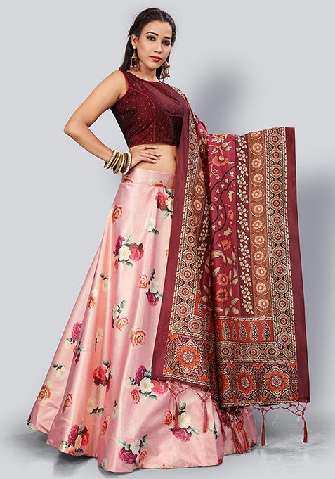 Pink Embroidered Silk Lehenga Set With Dupatta