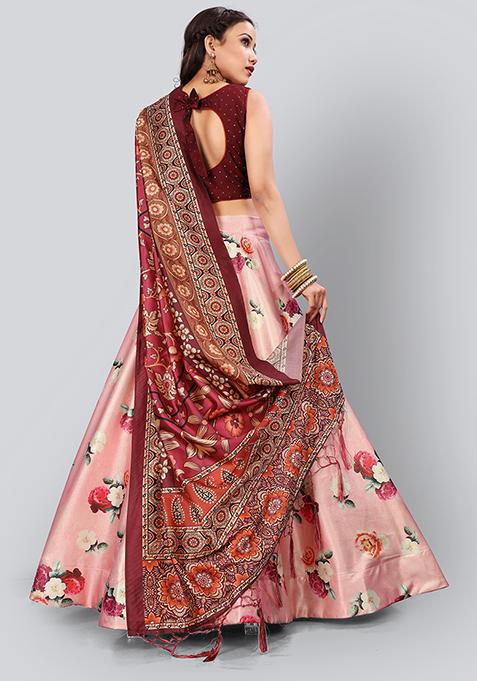 Pink Embroidered Silk Lehenga Set With Dupatta
