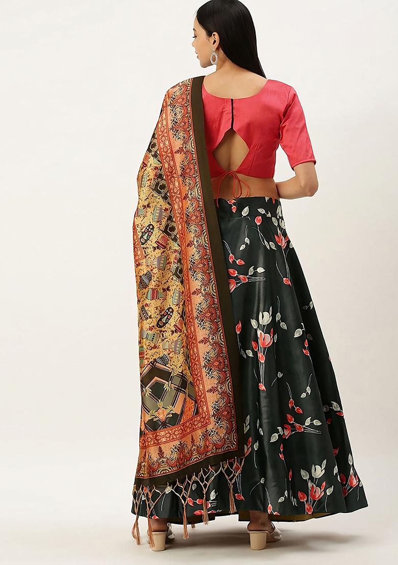 Black Embroidered Silk Lehenga Set With Dupatta
