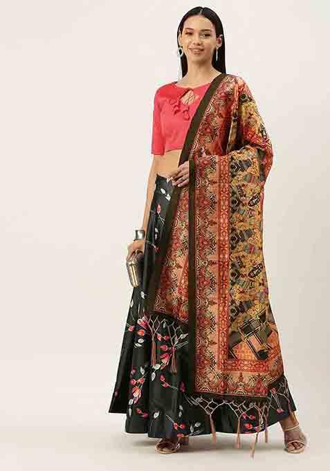 Black Embroidered Silk Lehenga Set With Dupatta
