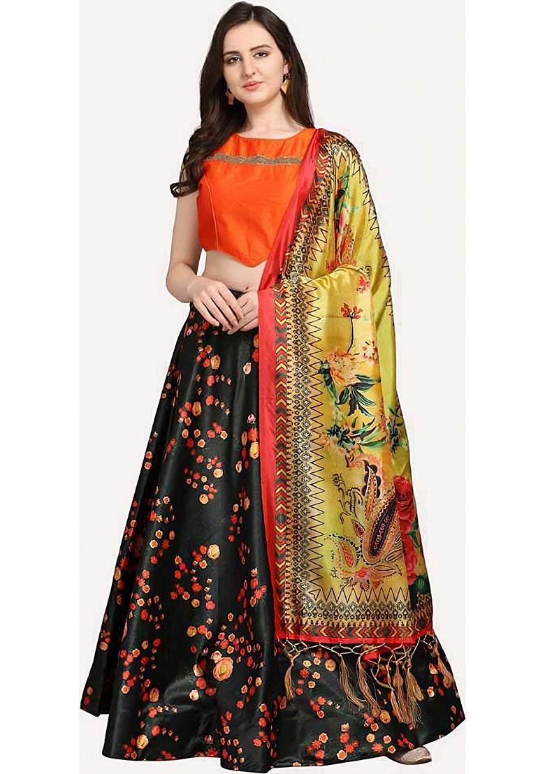 Black Embroidered Silk Lehenga Set With Dupatta