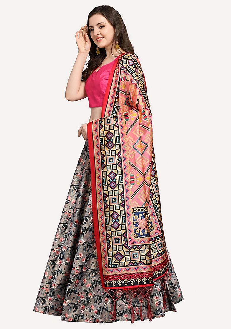 Grey Embroidered Silk Lehenga Set With Dupatta