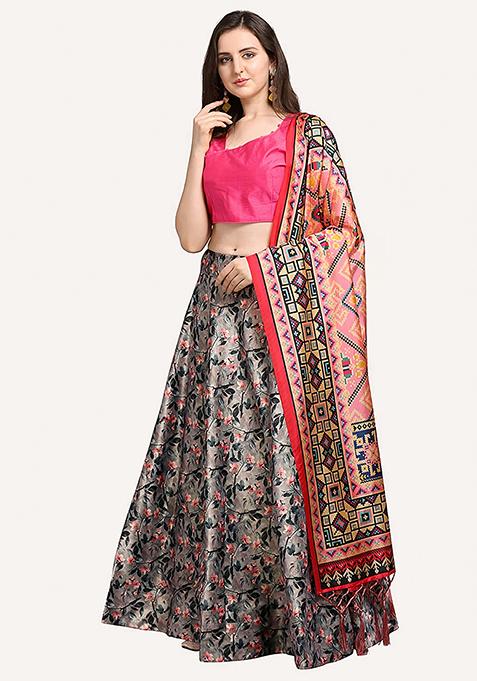 Grey Embroidered Silk Lehenga Set With Dupatta
