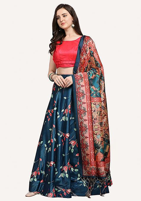 Teal Embroidered Silk Lehenga Set With Dupatta
