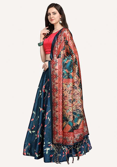 Teal Embroidered Silk Lehenga Set With Dupatta