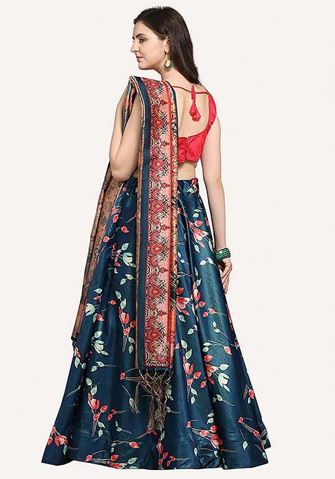 Teal Embroidered Silk Lehenga Set With Dupatta