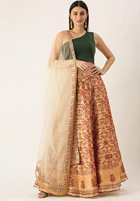 Beige Digital Print Art Silk Lehenga Set