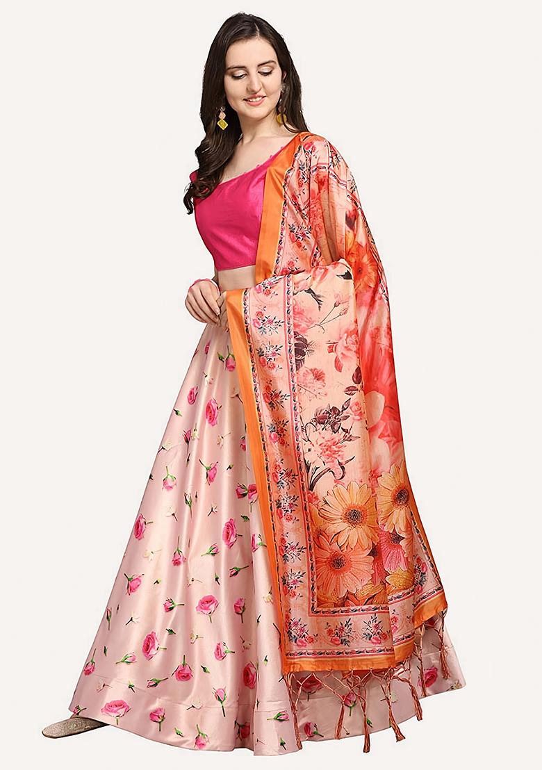 Pink Embroidered Silk Lehenga Set With Dupatta