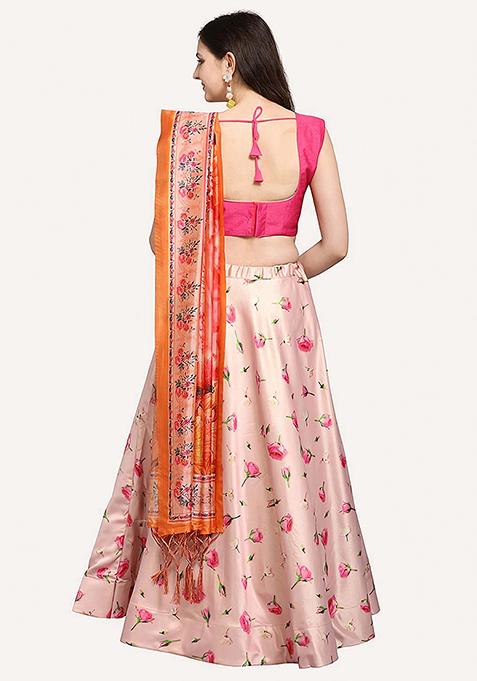 Pink Embroidered Silk Lehenga Set With Dupatta