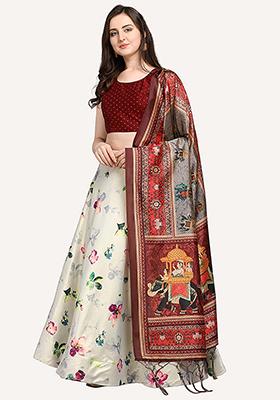 Off White Embroidered Silk Lehenga Set With Dupatta
