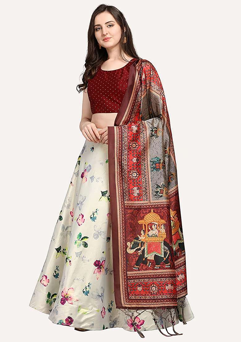 Off White Embroidered Silk Lehenga Set With Dupatta - Indya