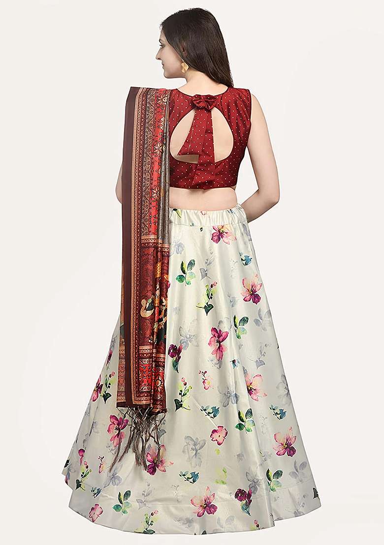 Off White Embroidered Silk Lehenga Set With Dupatta - Indya
