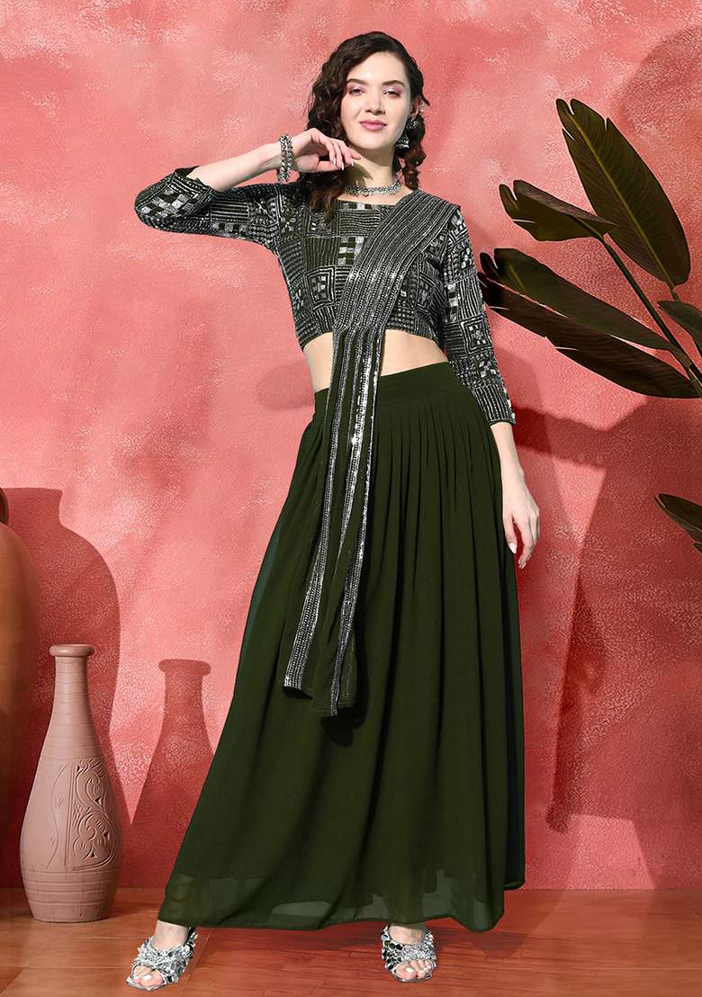 Olive Green Embroidered Georgette Lehenga Set With Dupatta - Indya