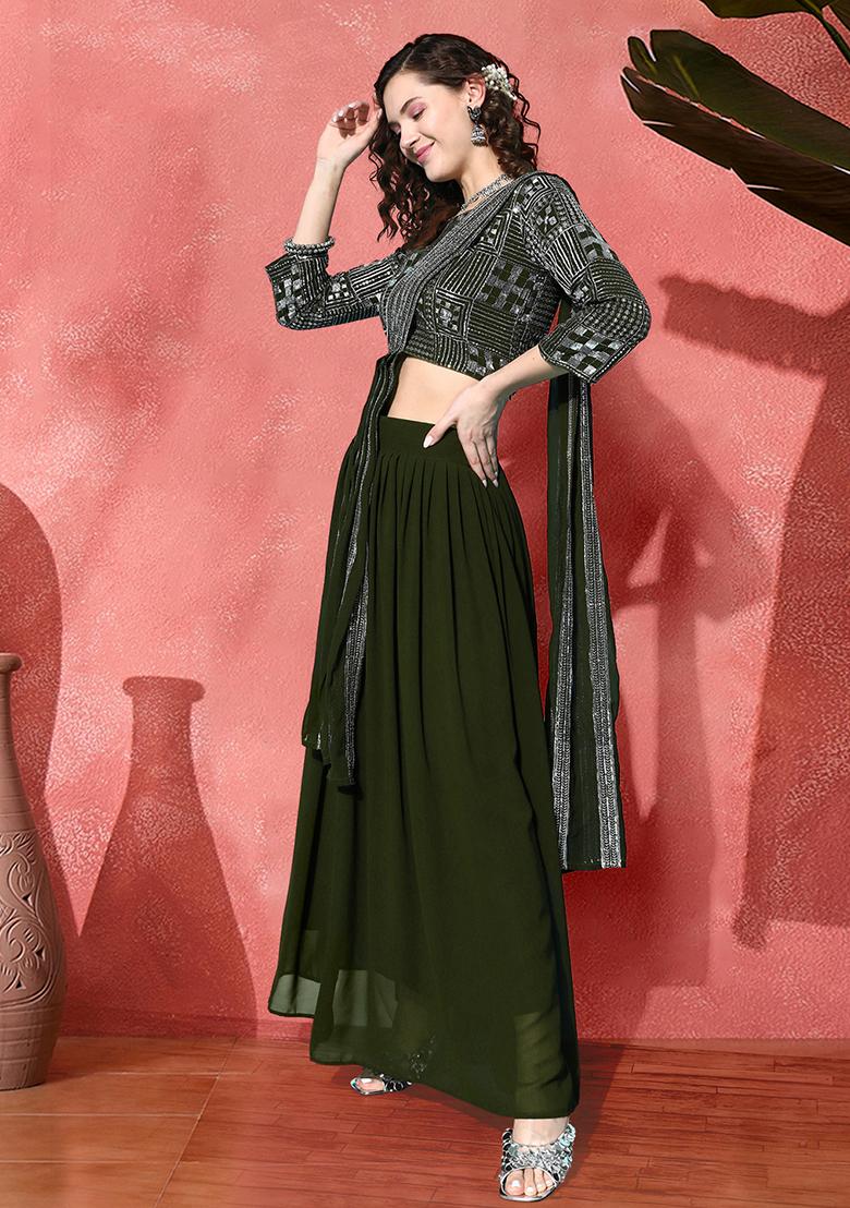 Olive Green Embroidered Georgette Lehenga Set With Dupatta