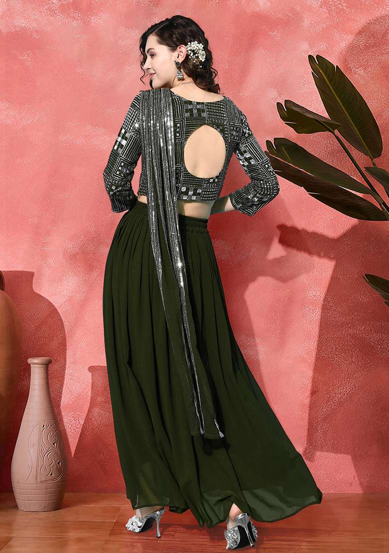 Olive Green Embroidered Georgette Lehenga Set With Dupatta - Indya