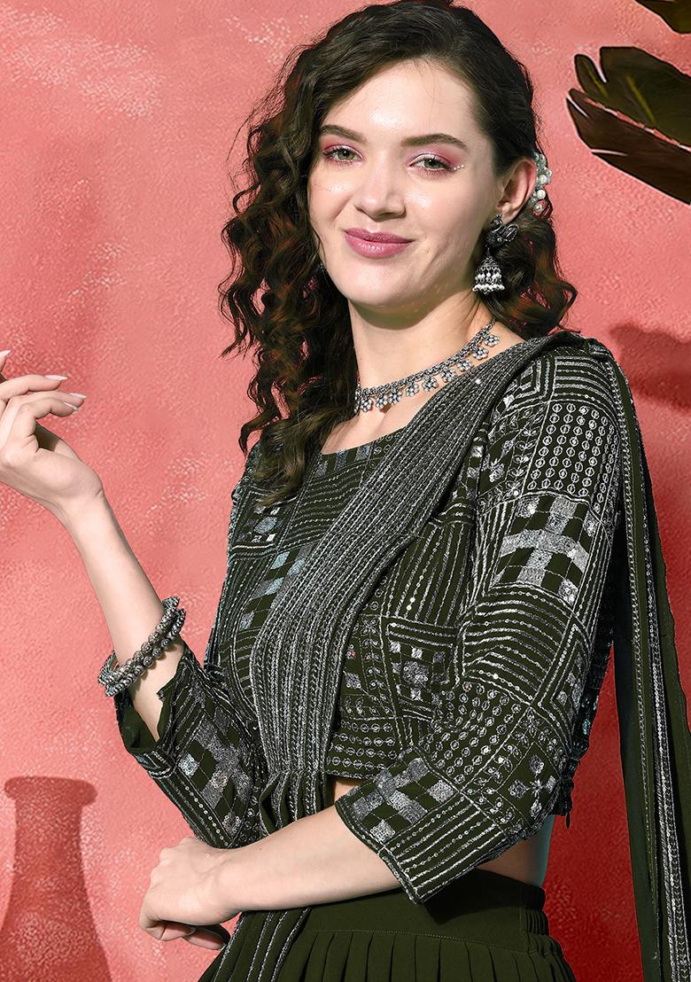 Olive Green Embroidered Georgette Lehenga Set With Dupatta