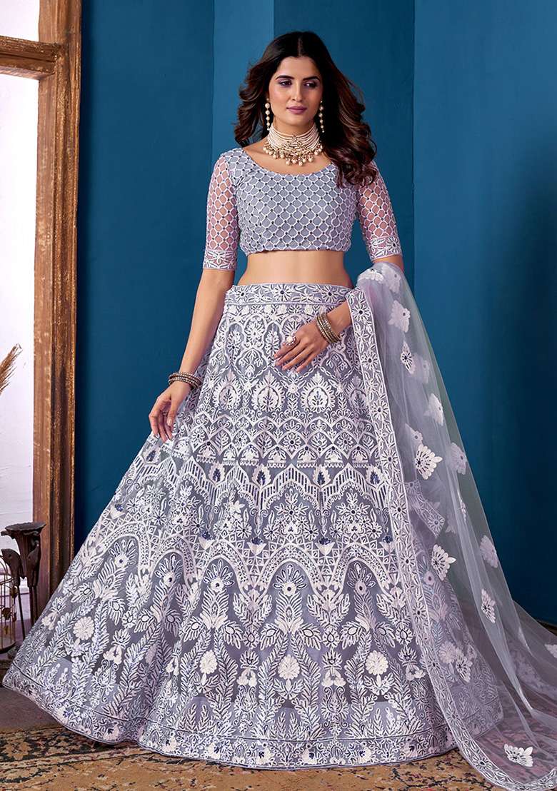 Lavender Embroidered Net Lehenga Set With Dupatta - Indya