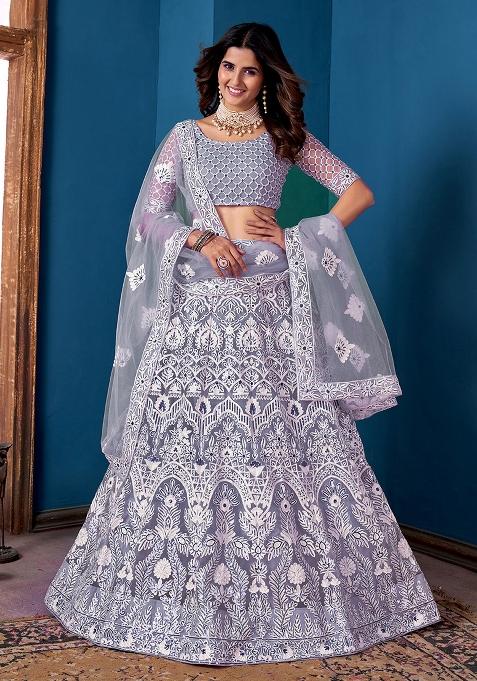 Lavender Embroidered Net Lehenga Set With Dupatta
