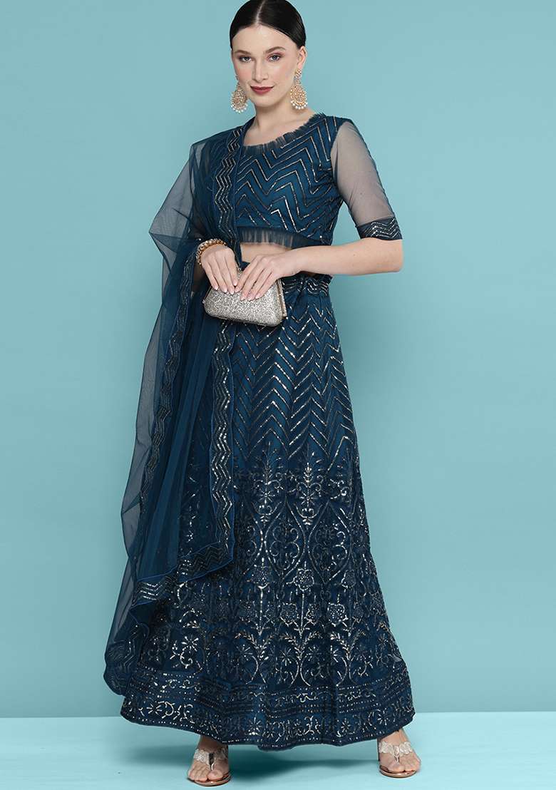 Green Embroidered Net Lehenga Set With Dupatta - Indya