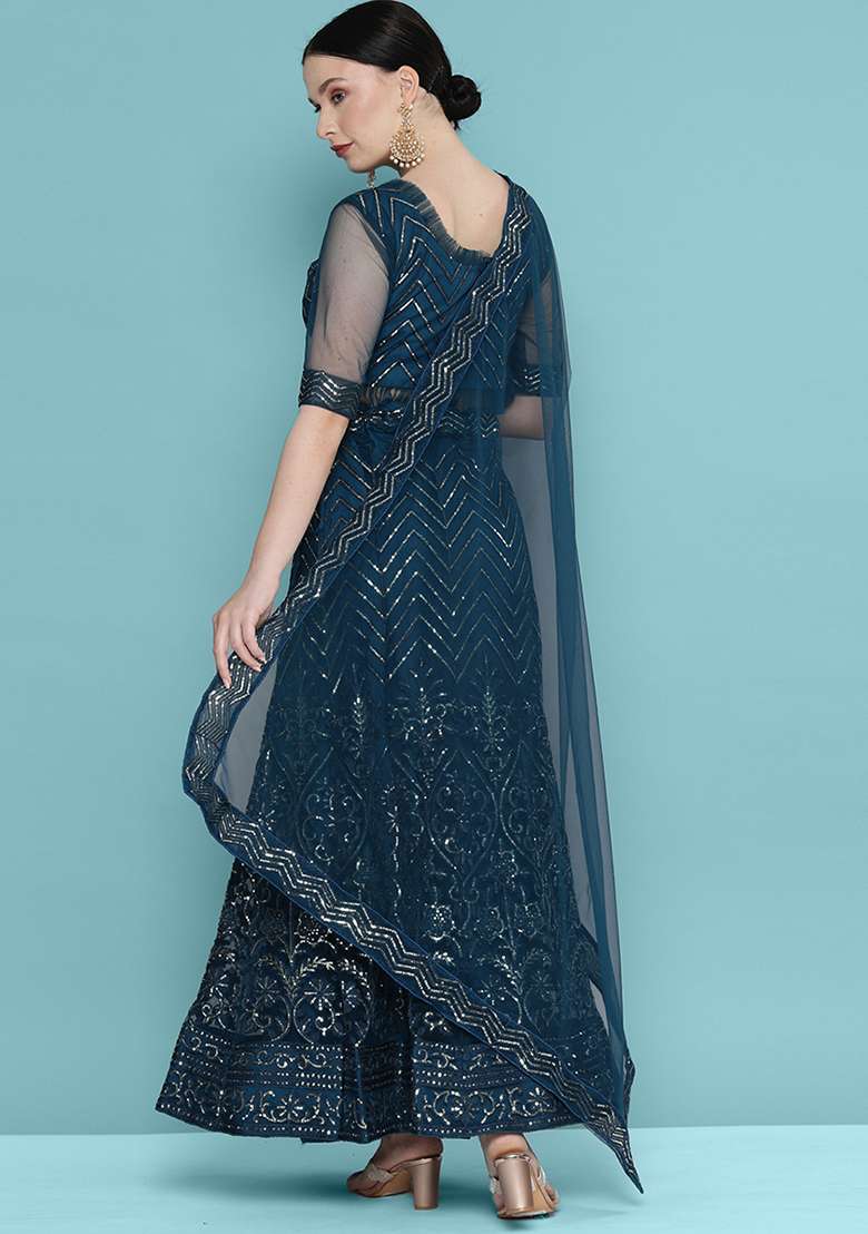 Green Embroidered Net Lehenga Set With Dupatta - Indya