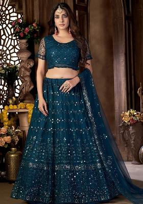 Teal Embroidered Net Lehenga Set With Dupatta
