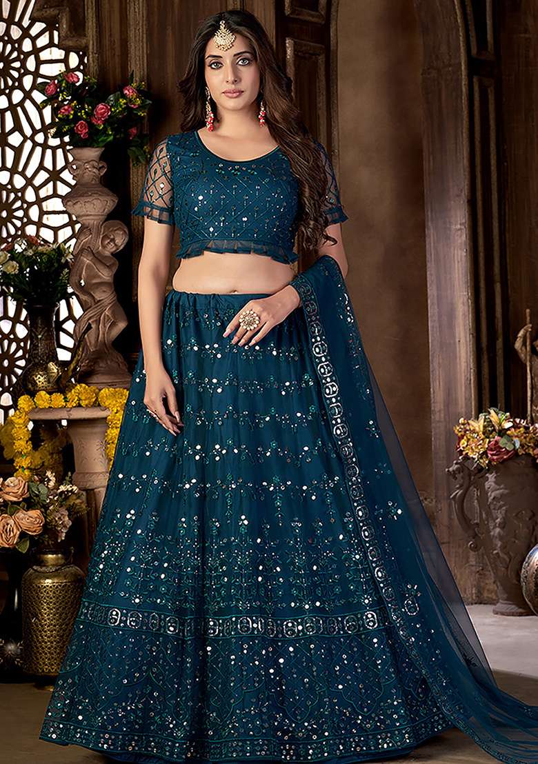 Teal Embroidered Net Lehenga Set With Dupatta - Indya