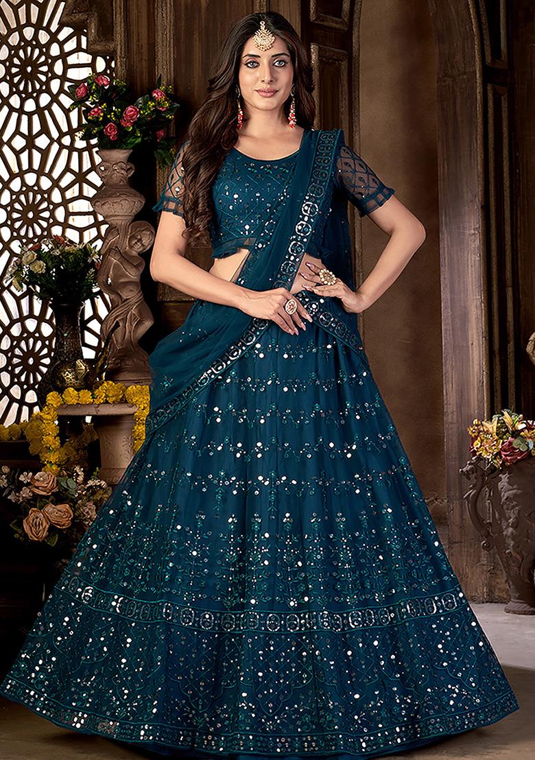Teal Embroidered Net Lehenga Set With Dupatta