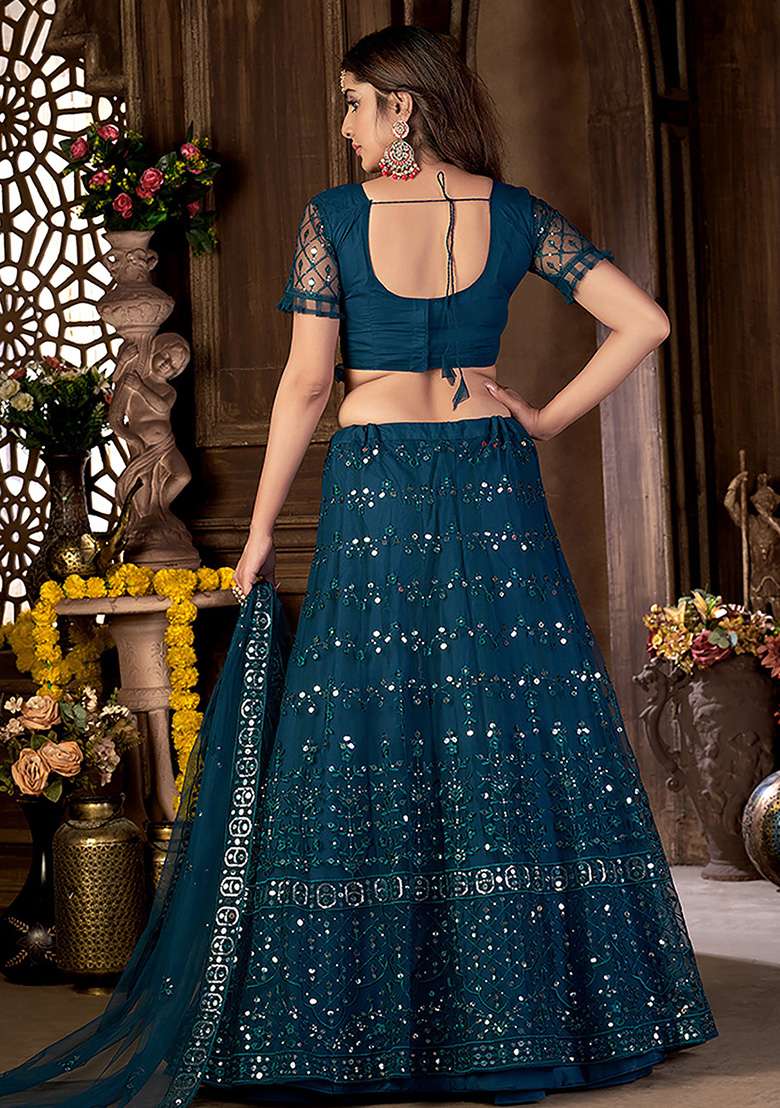 Teal Embroidered Net Lehenga Set With Dupatta - Indya